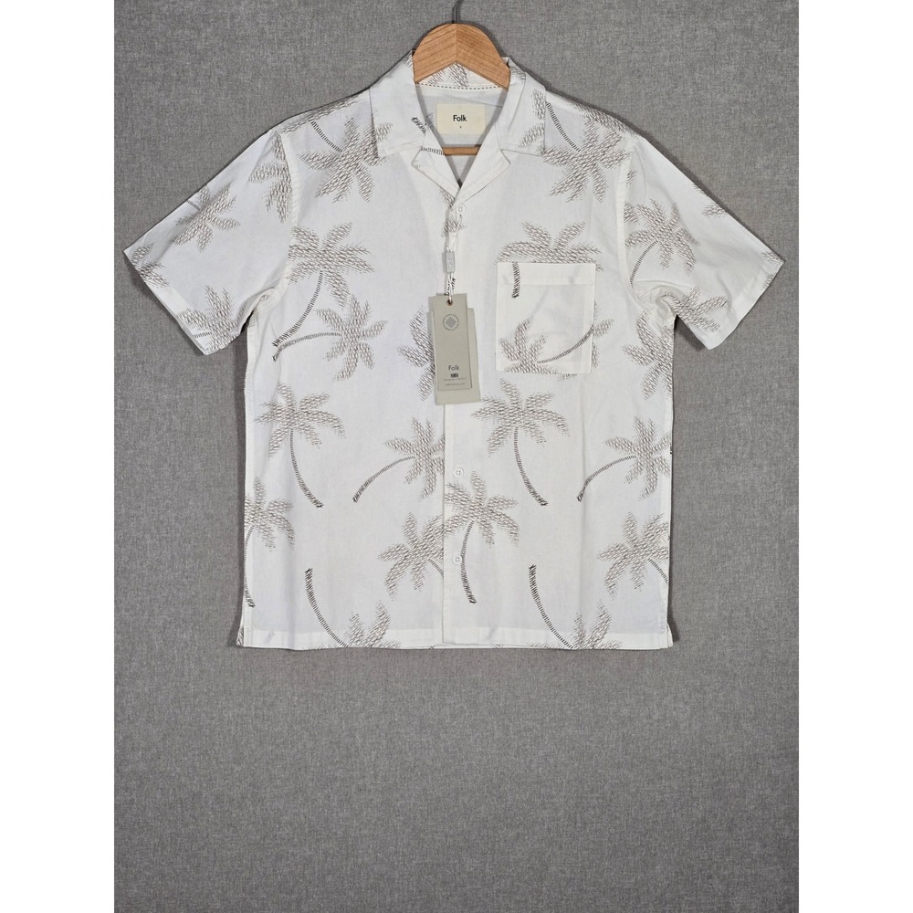 NWT Folk Men's 100% Cotton Coast Palm Tree Camp Collar Pocket Shirt Brown Small